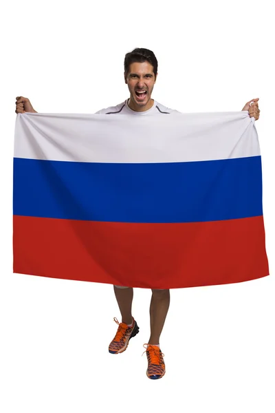 Fã segurando a bandeira da Rússia celebra no fundo branco — Fotografia de Stock