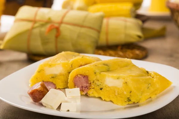 Salty Pamonha with sausage and cheese - typical food of green co — Stock Photo, Image