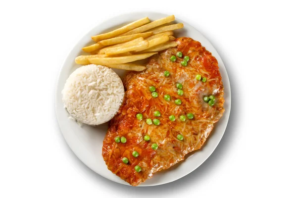 Parmegiana yemek. Beyaz arka plan.