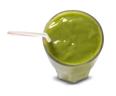 Bir cam üzerinde beyaz bir backgr izole payet ile yeşil smoothie