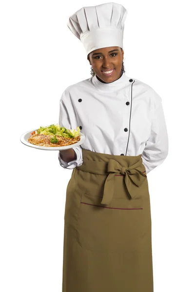 Köchin mit Tablett in der Hand.. — Stockfoto