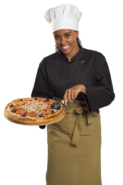 Chef woman giving pizza. — Stock Photo, Image