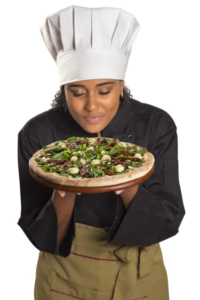 Pizza kokulu güzel aşçı kadın. — Stok fotoğraf