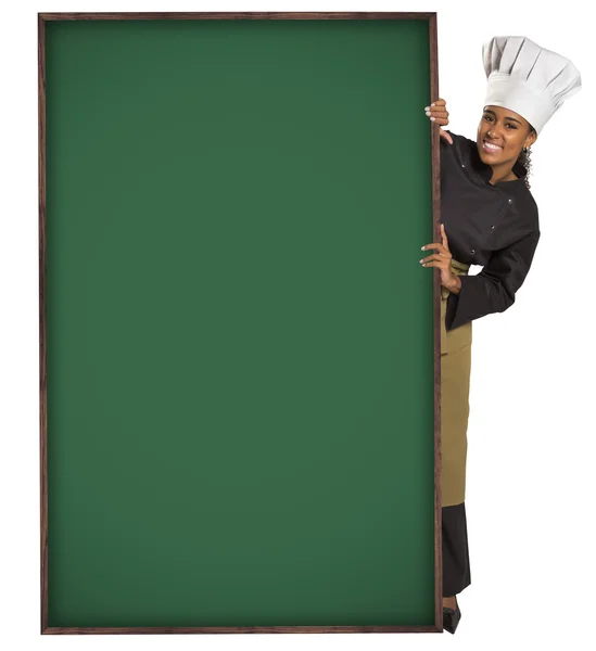 Female Chef Showing green Placard — Stock Photo, Image