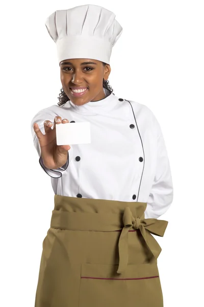 Szakács, Pék, vagy szakács nő mutatja üres jel kártya viselése szakácsok — Stock Fotó