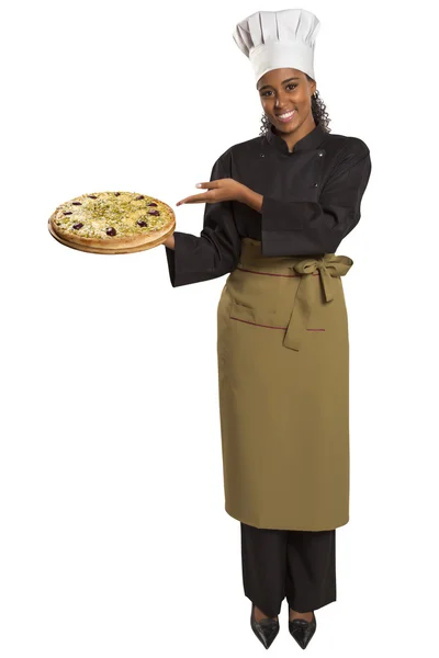 Chef-kok vrouw geven pizza. — Stockfoto