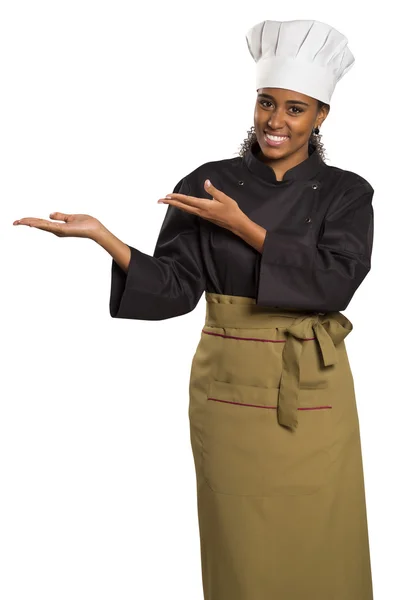 A chef with her empty hands for holding your products — Stock Photo, Image