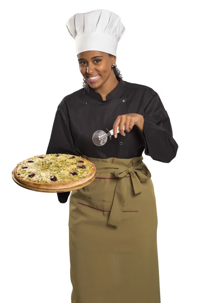 Chef wanita memberikan pizza . — Stok Foto