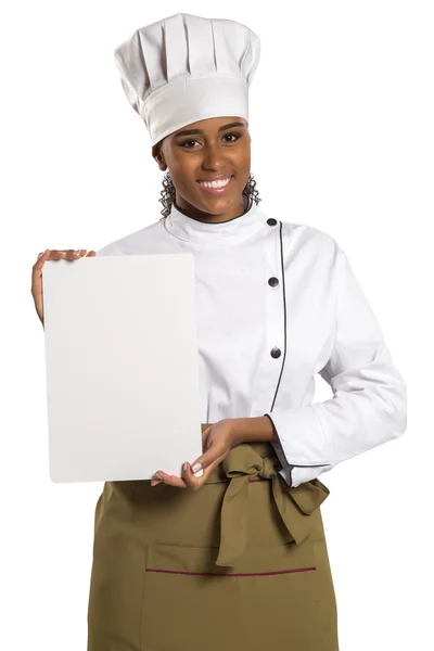 Chef. Woman cook showing empty menu chalkboard with copy space. — Stock Photo, Image