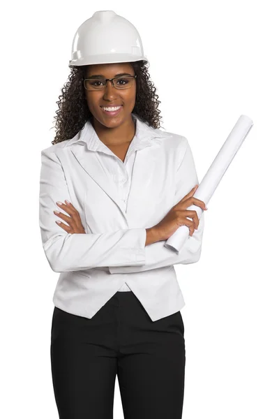 Архитектор черная женщина с планом . — стоковое фото