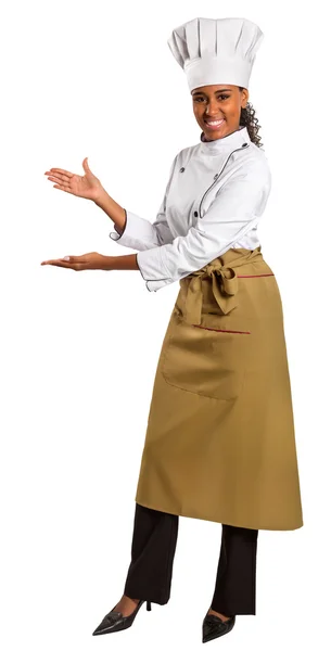 A chef with her empty hands for holding your products — Stock Photo, Image