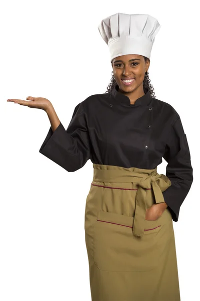 A chef with her empty hands for holding your products — Stock Photo, Image