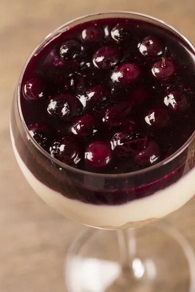 Sobremesa pannacota coberta de molho de framboesa e raspberri fresco — Fotografia de Stock