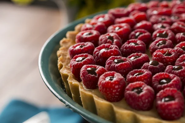 Lezzetli bir ahududu pasta çikolata ile yeşil bir tabakta