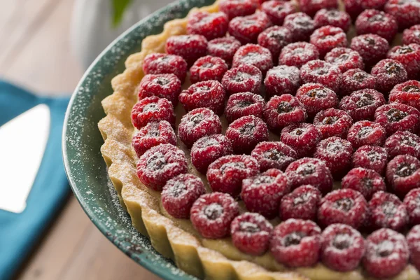 Lezzetli bir ahududu pasta çikolata ile yeşil bir tabakta