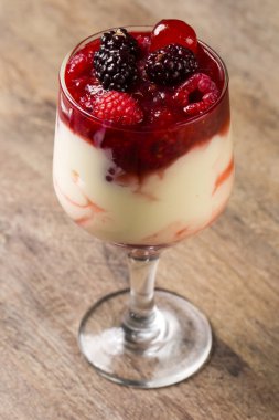 frambuaz sos ve taze raspberri kaplı pannacota tatlı