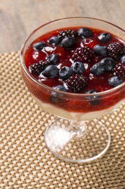 frambuaz sos ve taze raspberri kaplı pannacota tatlı