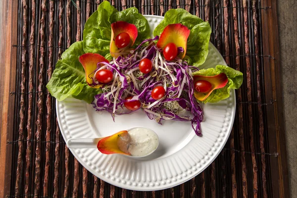 Ensalada con tomates de uva, lechuga y col roja y chucrut —  Fotos de Stock