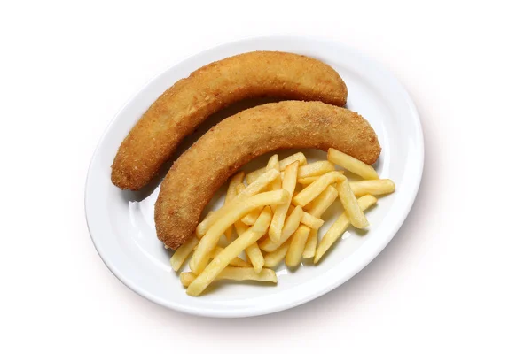 Plátanos fritos en plato con papas fritas —  Fotos de Stock