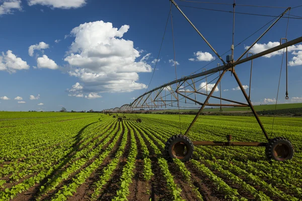 工业灌溉设备对农场场下蓝色天空我 — 图库照片