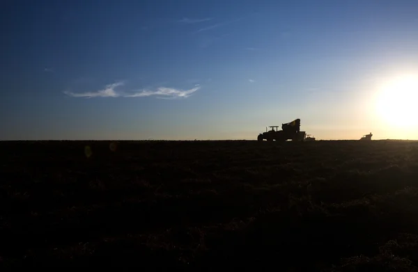 Máquina rural que trabalha no campo agrícola ao pôr do sol . — Fotografia de Stock