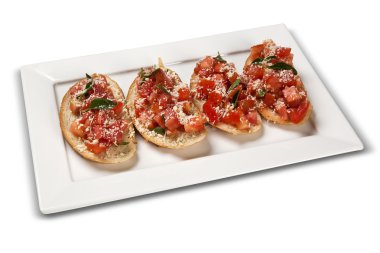 Bruschetta, tost domates ile. Beyaz arka plan.