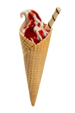 Vanilyalı dondurma koni çilek soslu