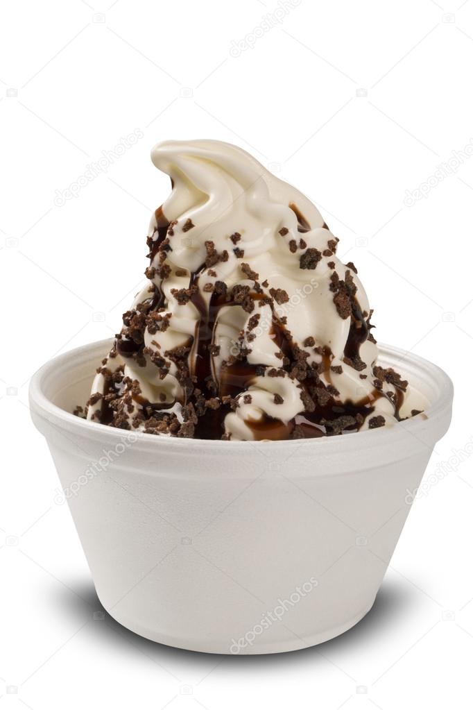 Ice cream with chocolate syrup. White background