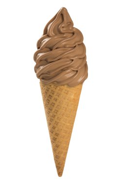 Beyaz arka planda çikolata yumuşak dondurma waffled koni.