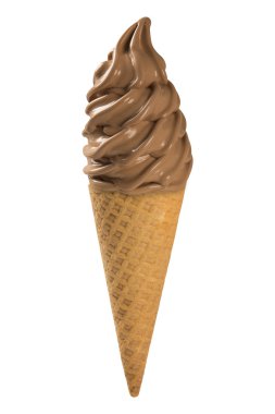 Beyaz arka planda çikolata yumuşak dondurma waffled koni.