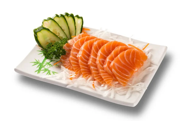 Sashimi de salmón con placa de withe aislada sobre fondo blanco — Foto de Stock