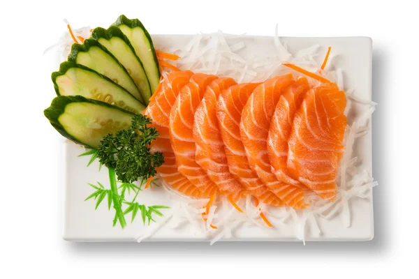 Salmon sashimi with withe plate isolated on white background — Stock Photo, Image