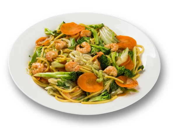 Tailandese cibo Pad tailandese, friggere tagliatelle con gamberetti e verdure . — Foto Stock