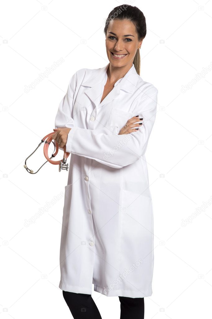 白い制服の維持腕を組んでの陽気な女性医師 ストック写真 C Paulovilela