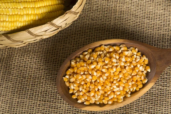 Corn maize and popcorns combined on a table. — Stock Photo, Image