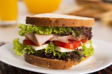 Sandviç beyaz tabakta hindi göğsü, domates, marul