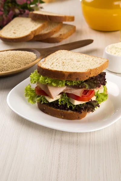 七面鳥の胸肉、トマト、レタスの白い平板サンドイッチ. — ストック写真
