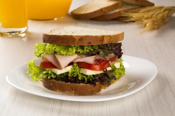 Sandwich sur une assiette blanche avec poitrine de dinde, tomate, laitue — Photo