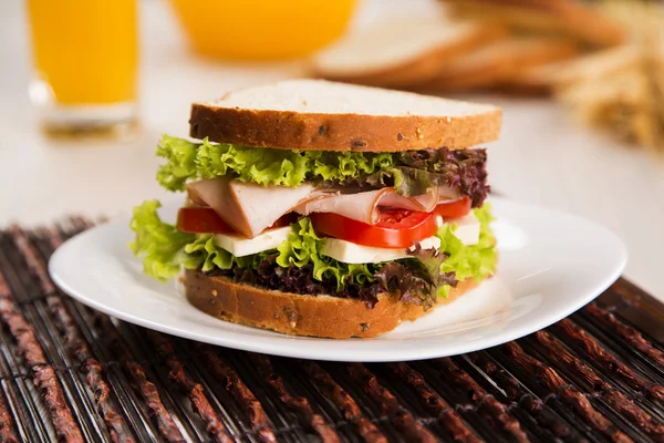 七面鳥の胸肉、トマト、レタスの白い平板サンドイッチ — ストック写真