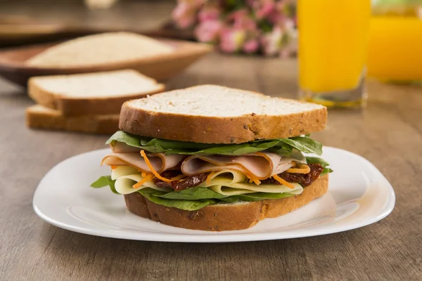 Sandwich sur une assiette blanche avec poitrine de dinde . — Photo