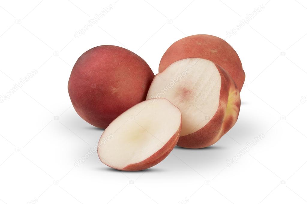 Some peaches in a basket over a white background
