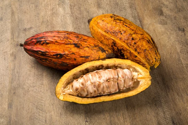 Algunos cacaos sobre una superficie de madera — Foto de Stock