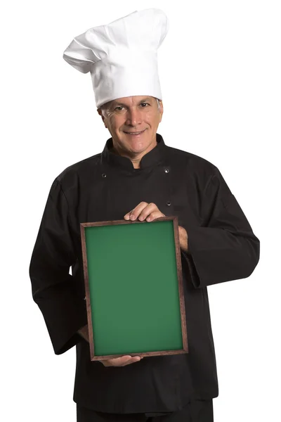 Potret seorang koki profesional memegang papan tulis . — Stok Foto