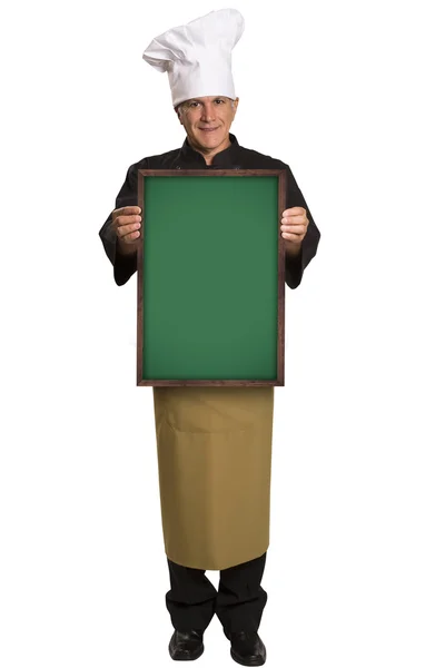 Portrait of a professional chef holding a blackboard. — Stock Photo, Image