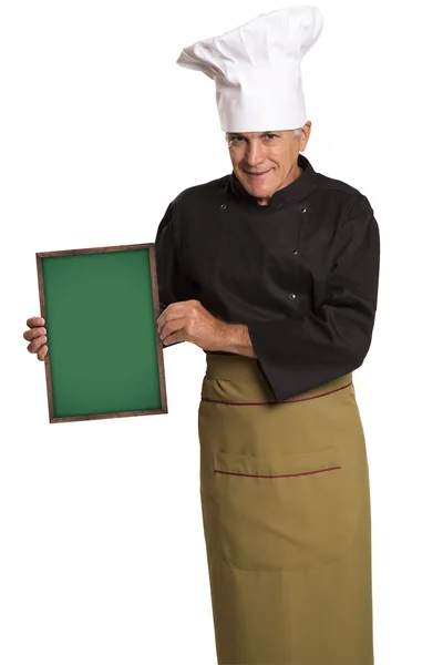 Portrét profesionálním kuchařem drží tabuli. — Stock fotografie