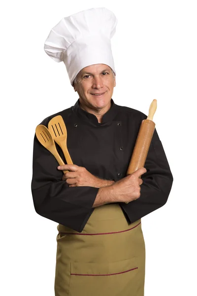 Chef cuisinier avec un rouleau à pâtisserie . — Photo