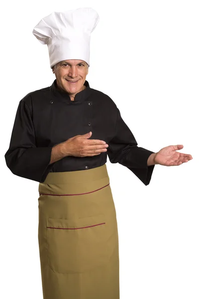 Feliz chef sonriente presentando sus recetas y productos . — Foto de Stock