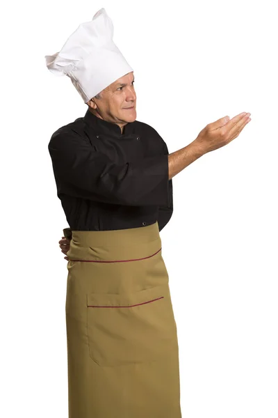 Happy smiling chef presenting your recipes and products. — Stock Photo, Image