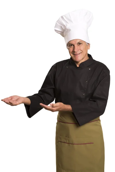 Happy smiling chef presenting your recipes and products. — Stock Photo, Image