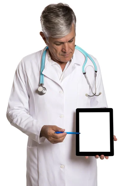 Arzt überprüft Notizen des Patienten auf einem Tablet-PC, der mit seinen s steht — Stockfoto